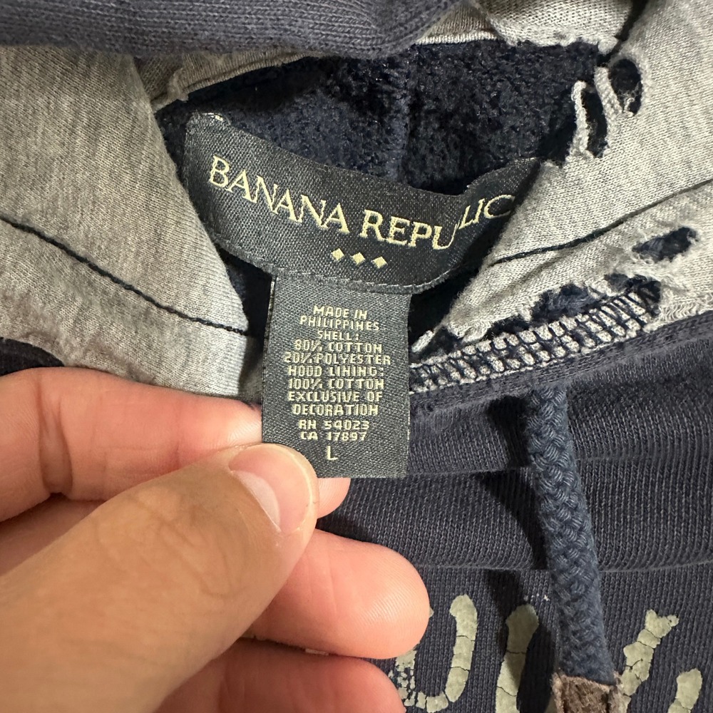 Banana Republic Graphic Pullover Hoodie Distressed Y2K Navy Blue Mens Size L - Picture 7 of 11